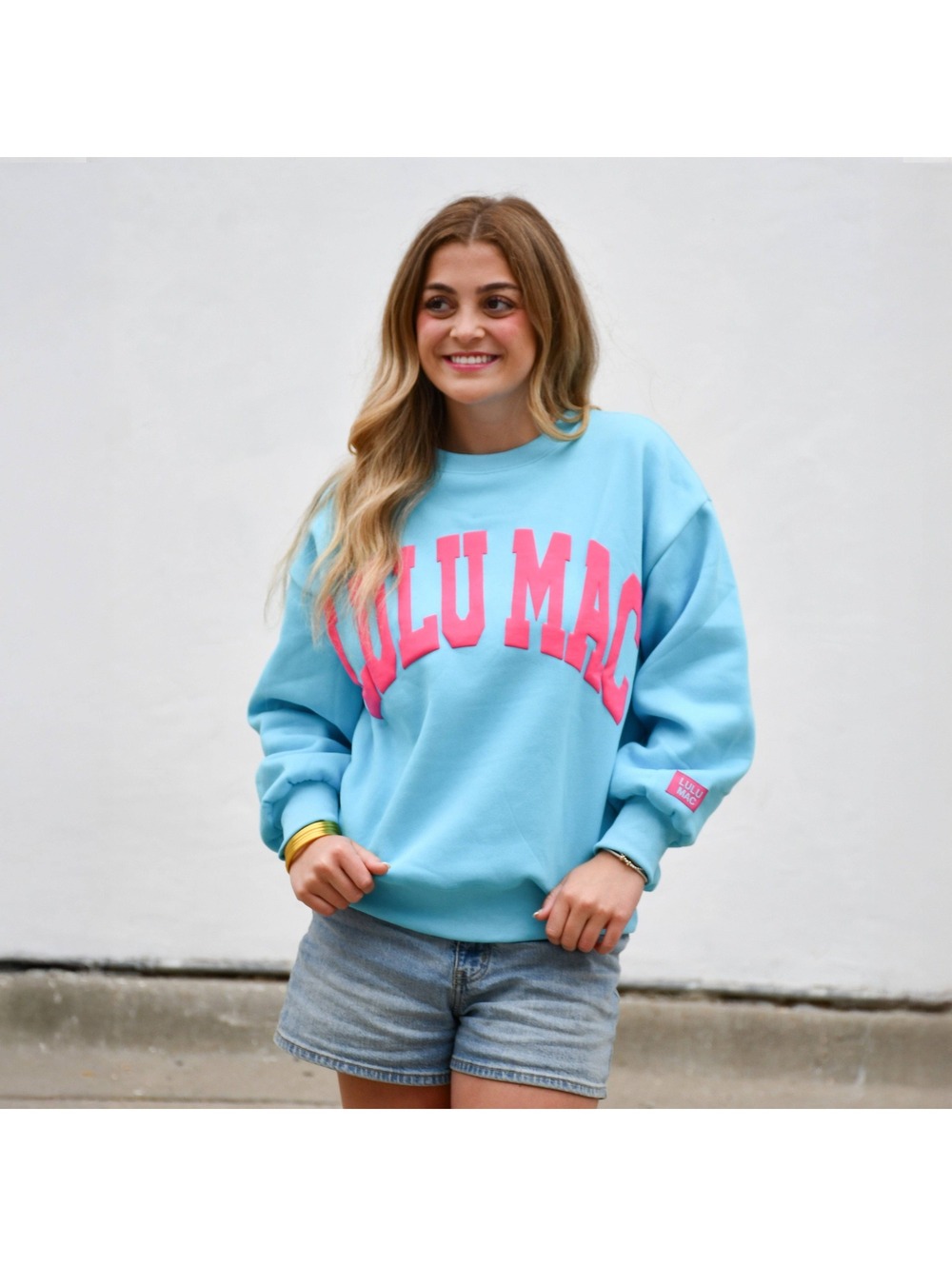 Lulu Mac Blue Hot Pink Puff Logo Oversized Sweatshirt Large